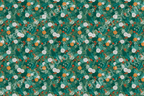 Festive floral pattern with evergreen branches, orange flowers and red berry accents on a green background.