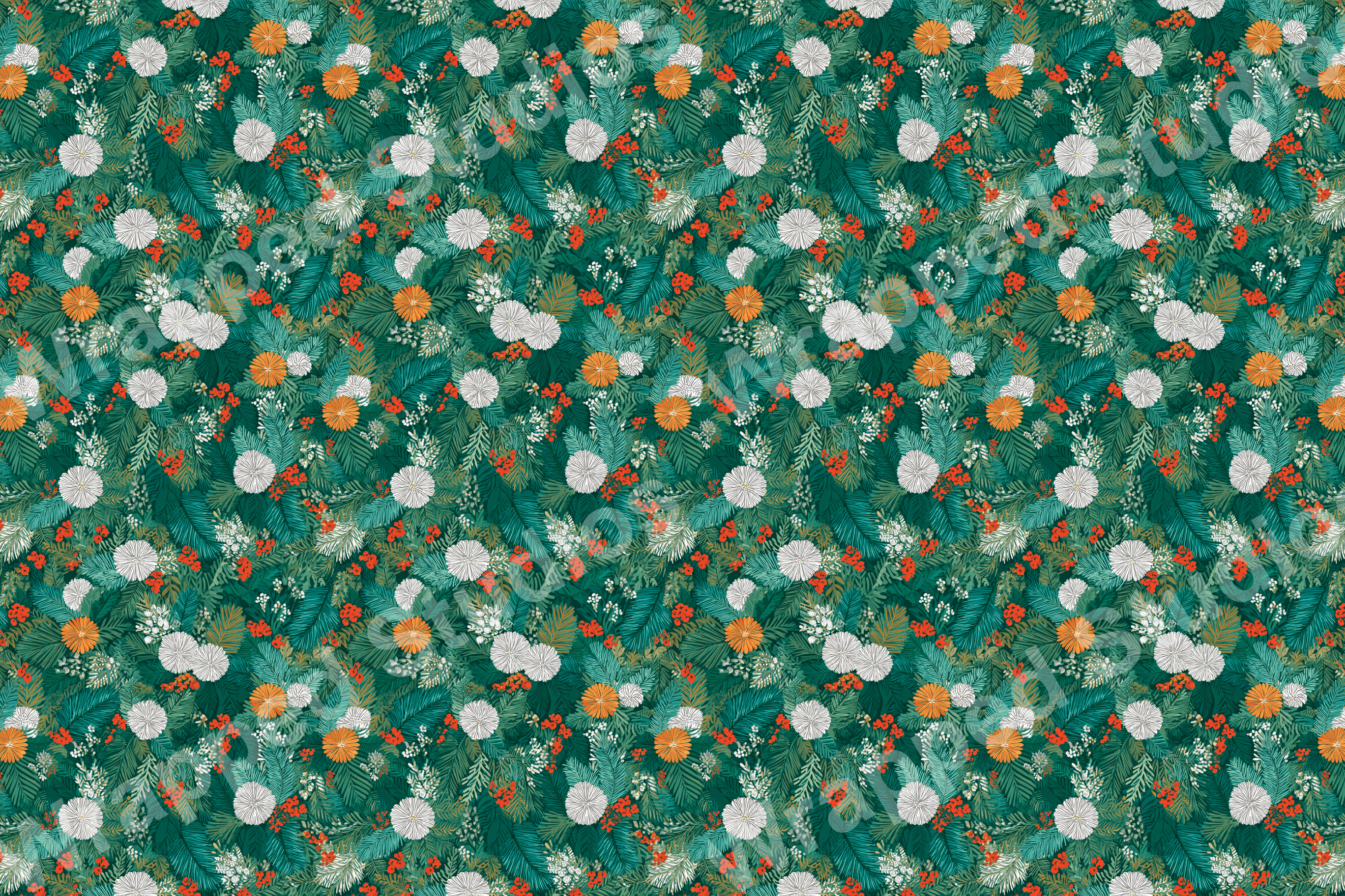 Festive floral pattern with evergreen branches, orange flowers and red berry accents on a green background.