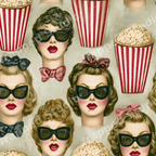 Vintage 1950s retro pattern of women in sunglasses and striped movie popcorn buckets.