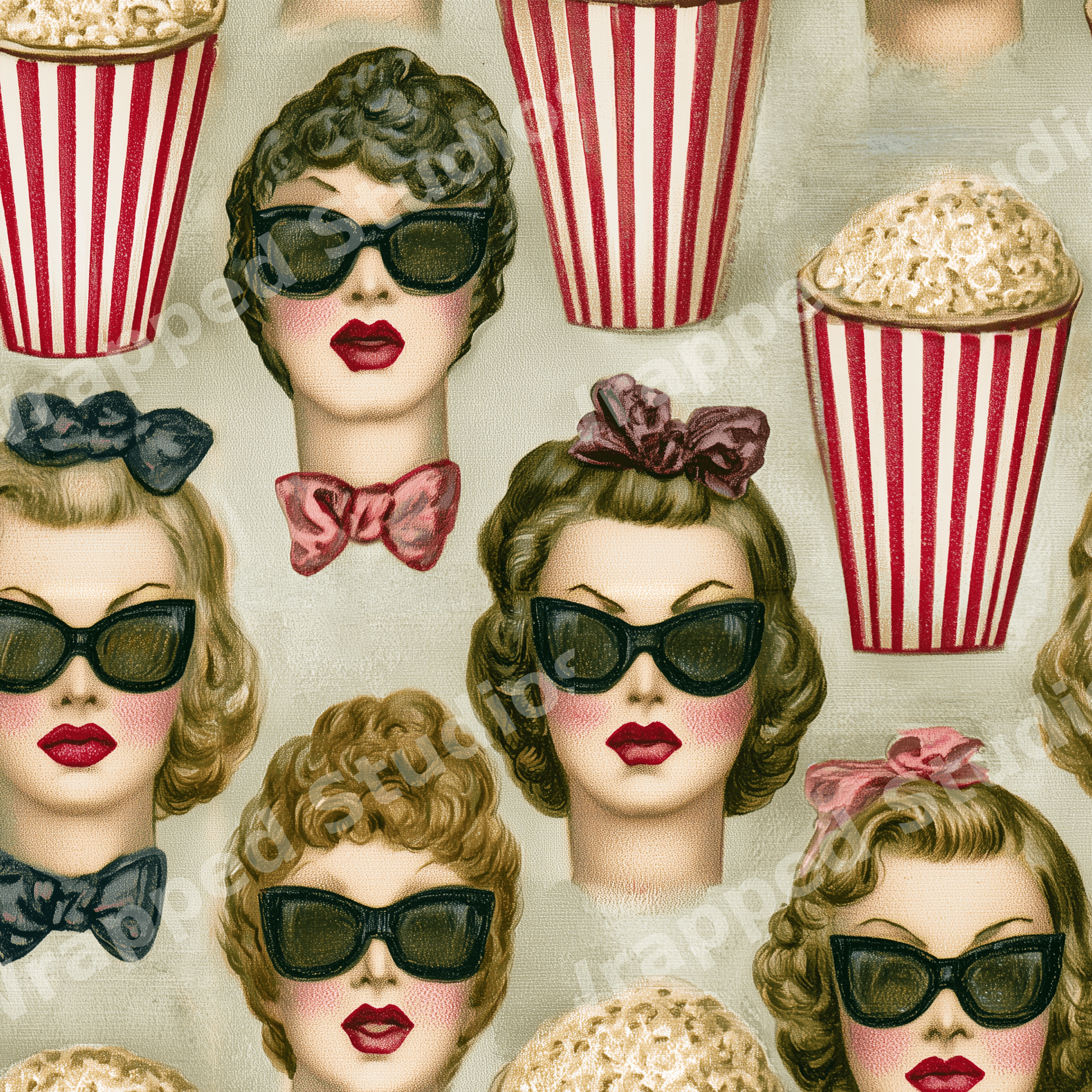 Vintage 1950s retro pattern of women in sunglasses and striped movie popcorn buckets.