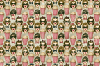 Retro 1950s pattern featuring women wearing sunglasses and red striped popcorn boxes on a cream background.