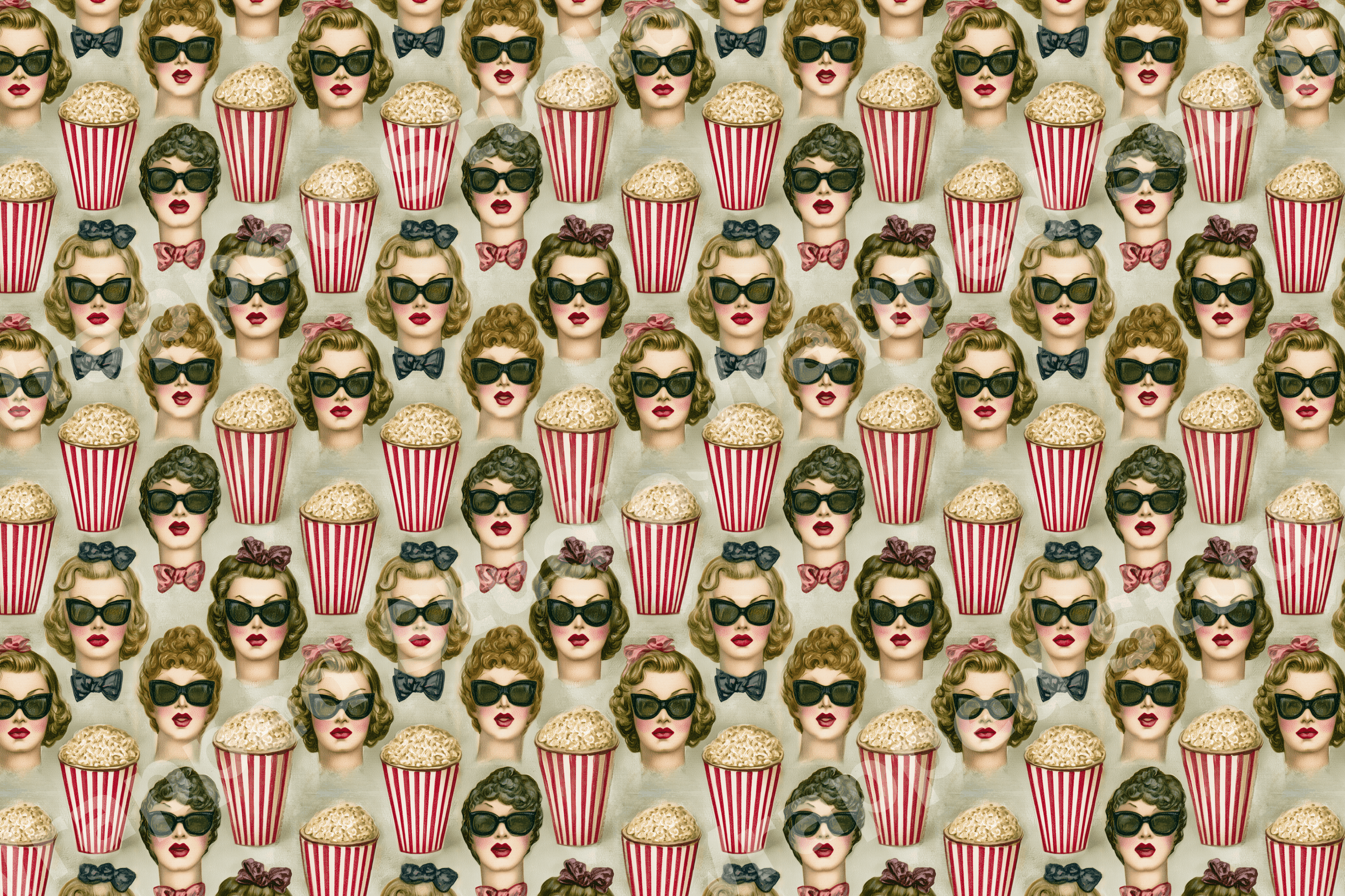 Retro 1950s pattern featuring women wearing sunglasses and red striped popcorn boxes on a cream background.