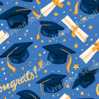 Illustrated graduation pattern with navy blue caps, diplomas, and gold stars on a bright blue background.
