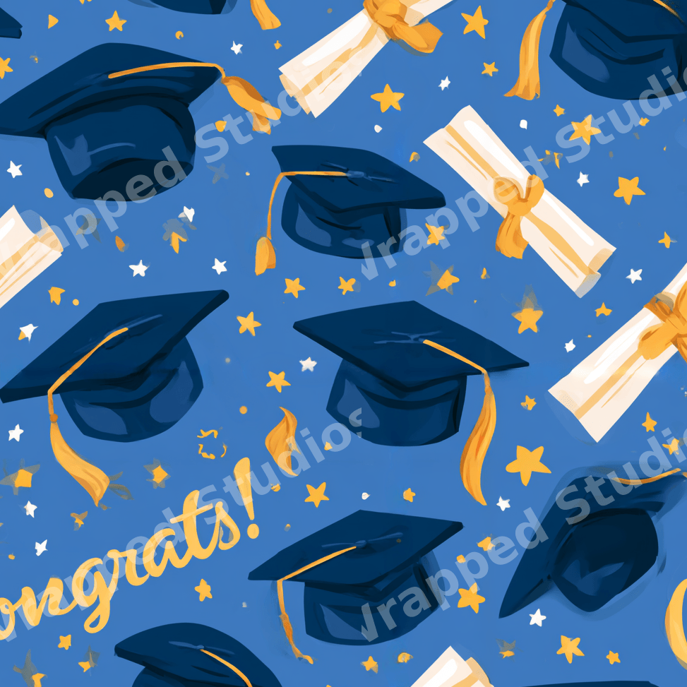 Illustrated graduation pattern with navy blue caps, diplomas, and gold stars on a bright blue background.