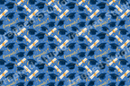 Graduation pattern featuring blue mortarboard caps, diplomas, stars, and gold "Congrats!" on a blue background.