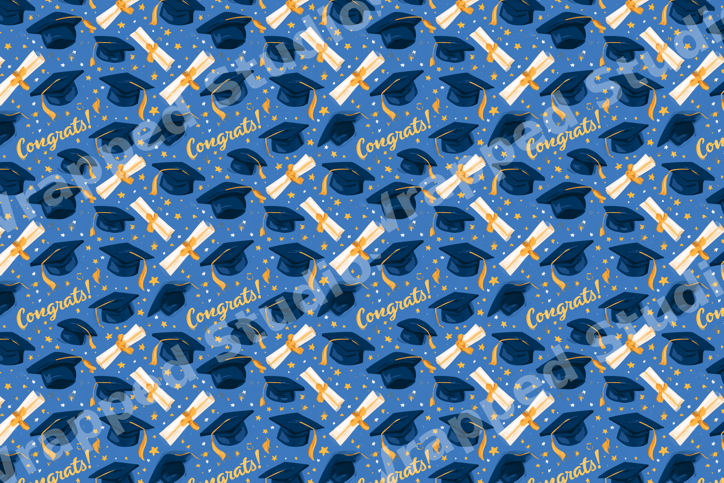 Graduation pattern featuring blue mortarboard caps, diplomas, stars, and gold "Congrats!" on a blue background.