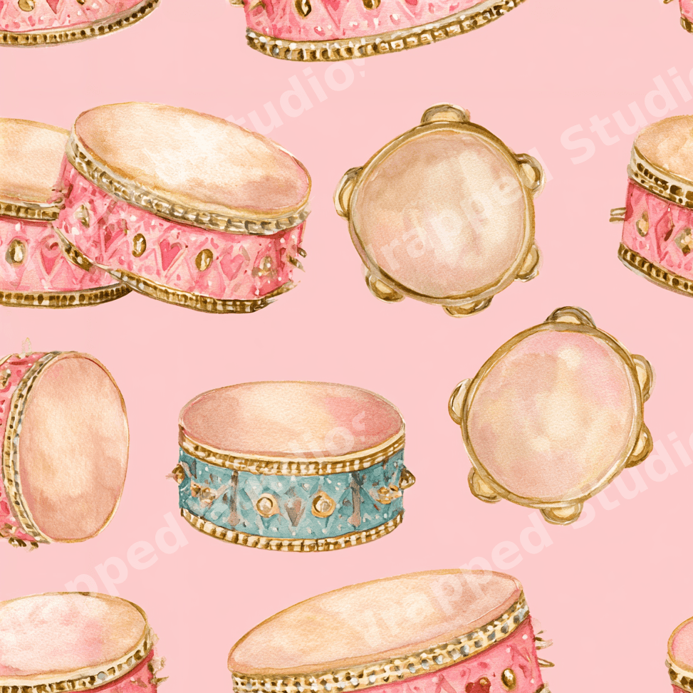 Whimsical watercolor drum and tambourine pattern on a soft pink background.