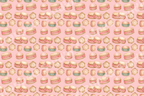 Playful watercolor pattern of vintage drums and tambourines on a pastel pink background.