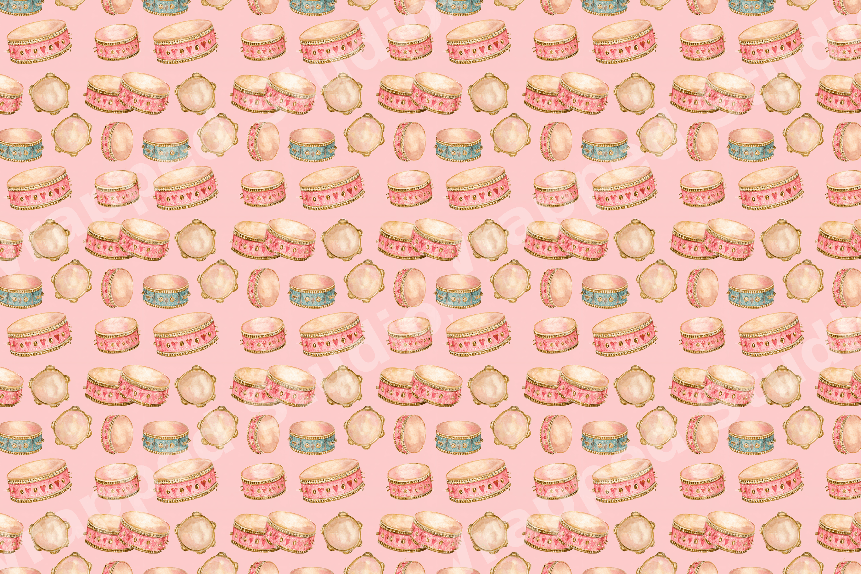 Playful watercolor pattern of vintage drums and tambourines on a pastel pink background.