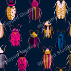 Colorful beetle pattern featuring illustrated insects in pink, blue, yellow, and purple on a dark blue background.