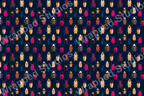 Colorful beetle pattern with pink, gold, and blue insects on a dark blue background.