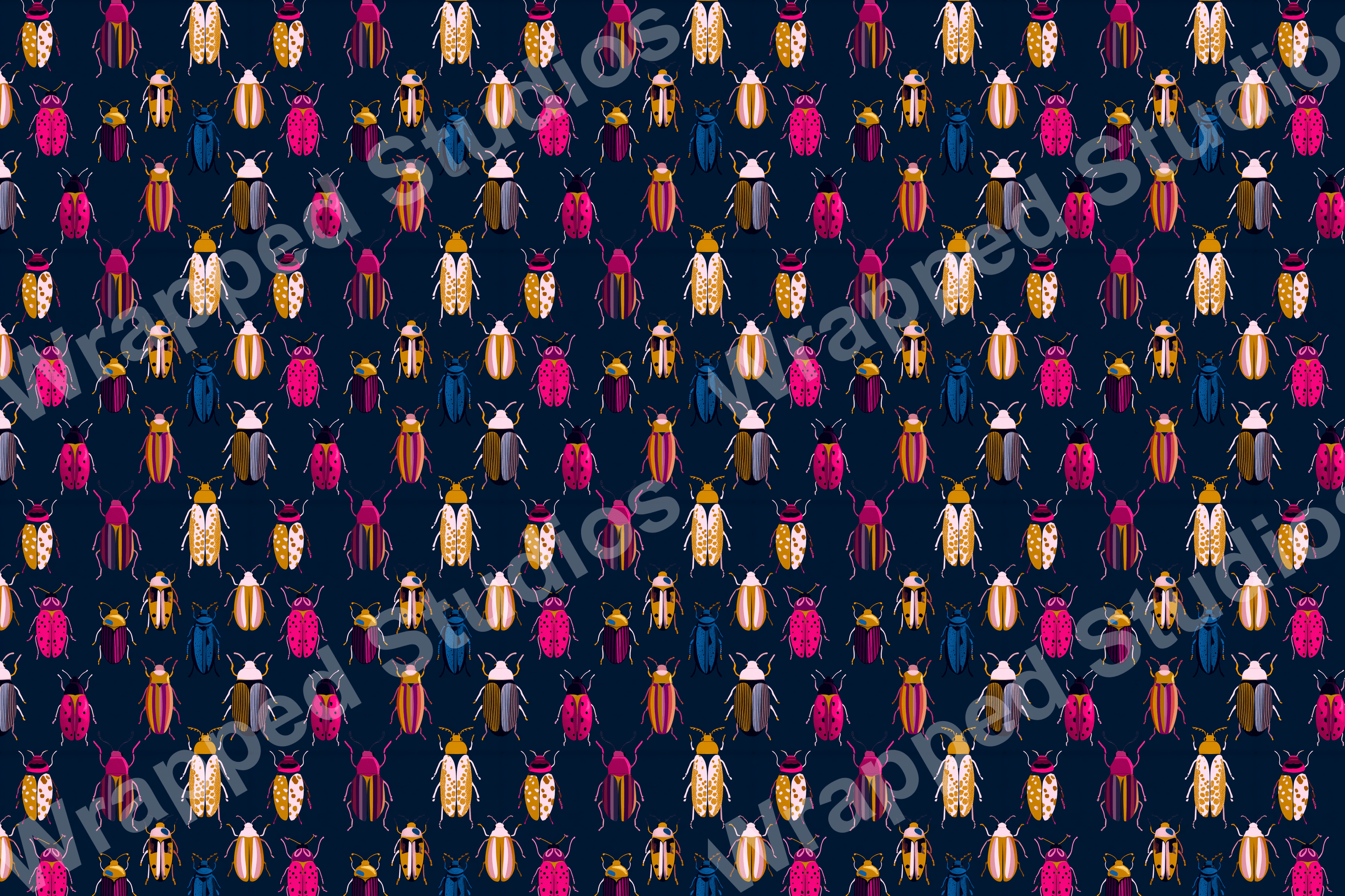 Colorful beetle pattern with pink, gold, and blue insects on a dark blue background.