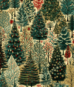 Dense botanical pattern of Christmas trees and winter foliage in a vintage style with red, green and beige tones.