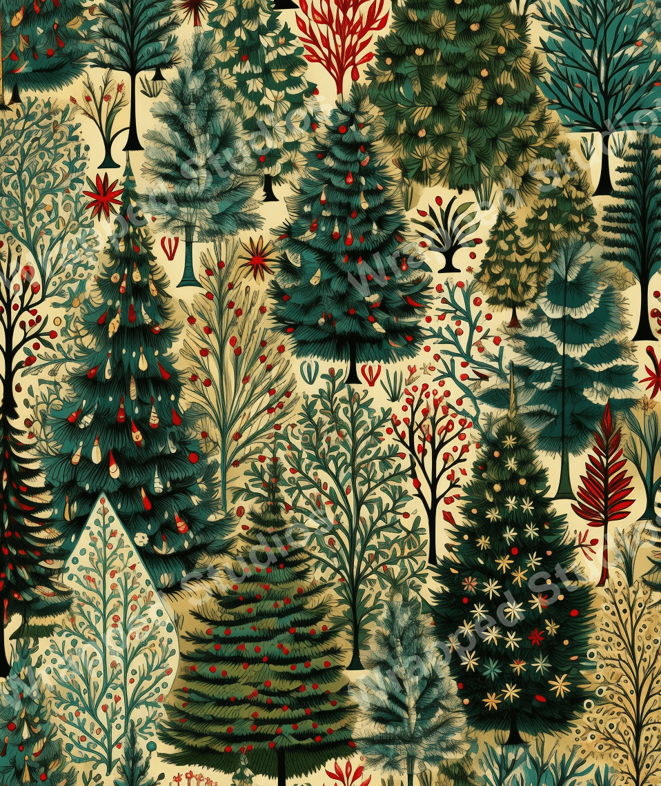 Dense botanical pattern of Christmas trees and winter foliage in a vintage style with red, green and beige tones.