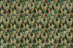 Detailed winter forest pattern with green, teal, and red Christmas trees on a cream background.