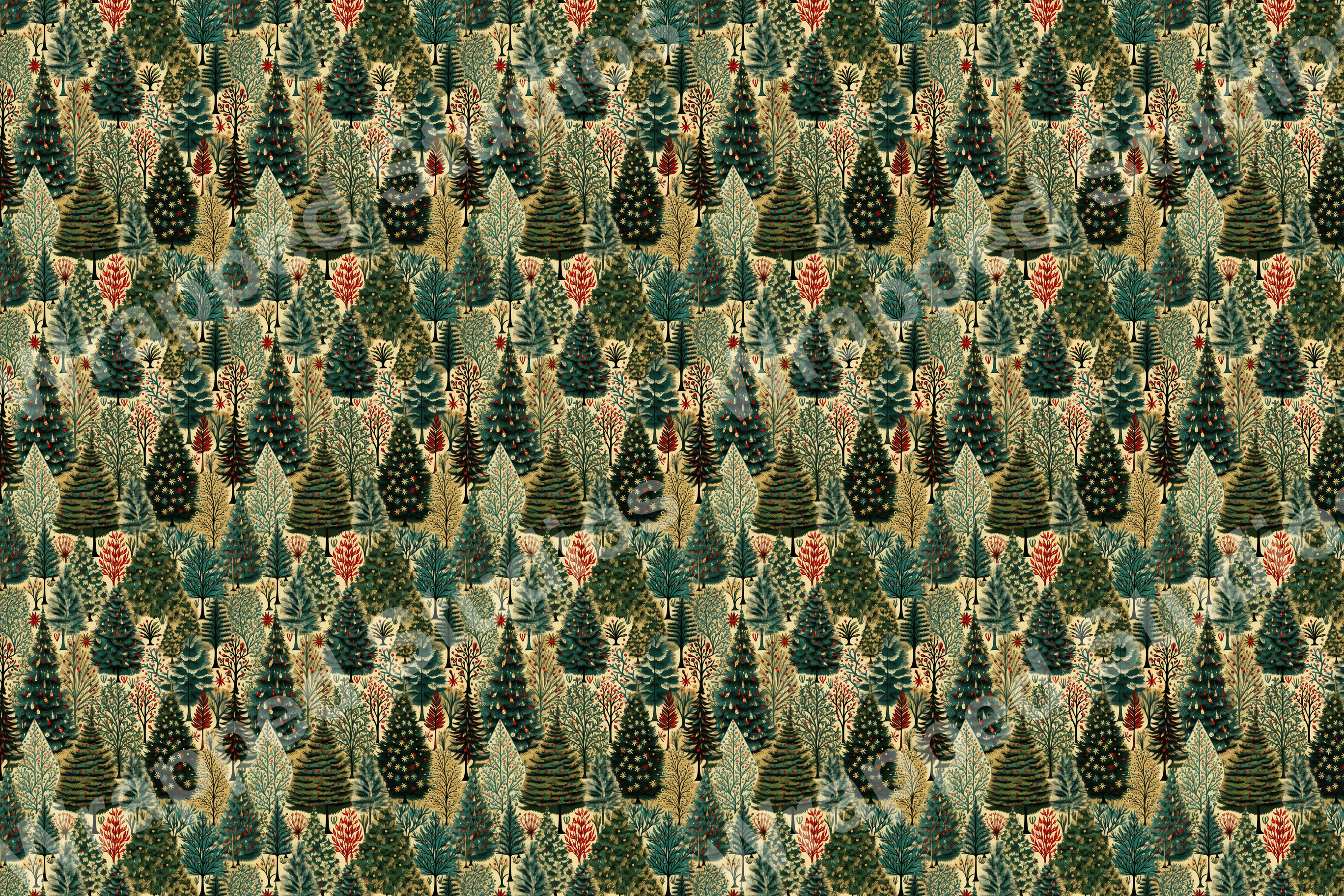 Detailed winter forest pattern with green, teal, and red Christmas trees on a cream background.