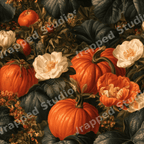 Dark moody autumn floral pattern featuring orange pumpkins and white blossoms in a vintage botanical design.