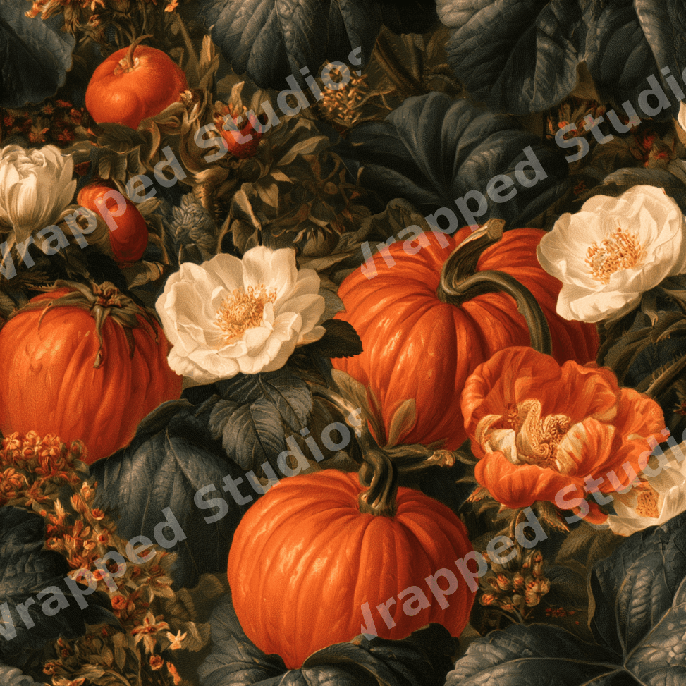 Dark moody autumn floral pattern featuring orange pumpkins and white blossoms in a vintage botanical design.