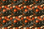 Vintage botanical pumpkin pattern with bright orange pumpkins, dark green leaves, and white autumn flowers.