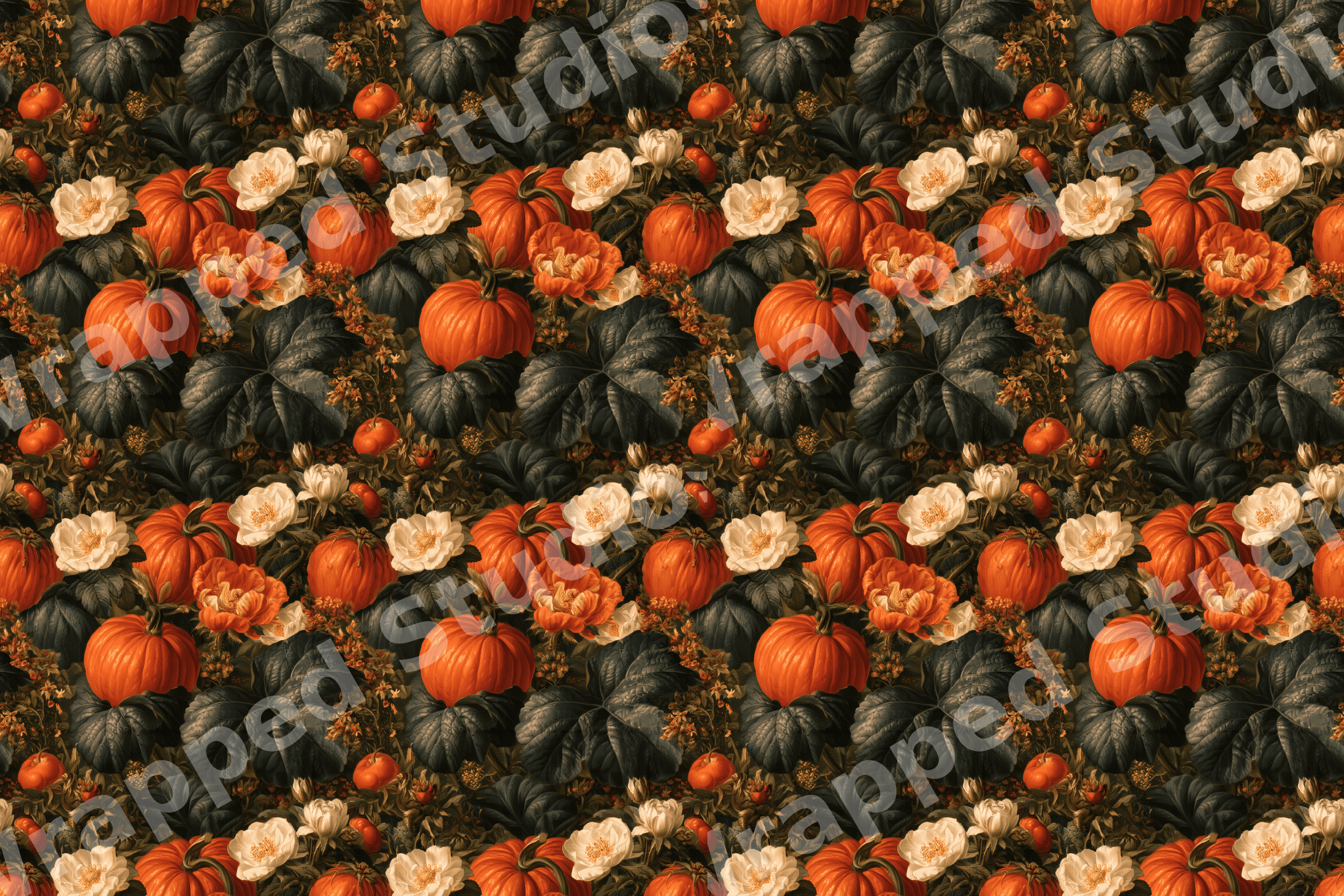 Vintage botanical pumpkin pattern with bright orange pumpkins, dark green leaves, and white autumn flowers.