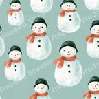 Cute winter watercolor snowman seamless pattern with red scarves on a sage green background.
