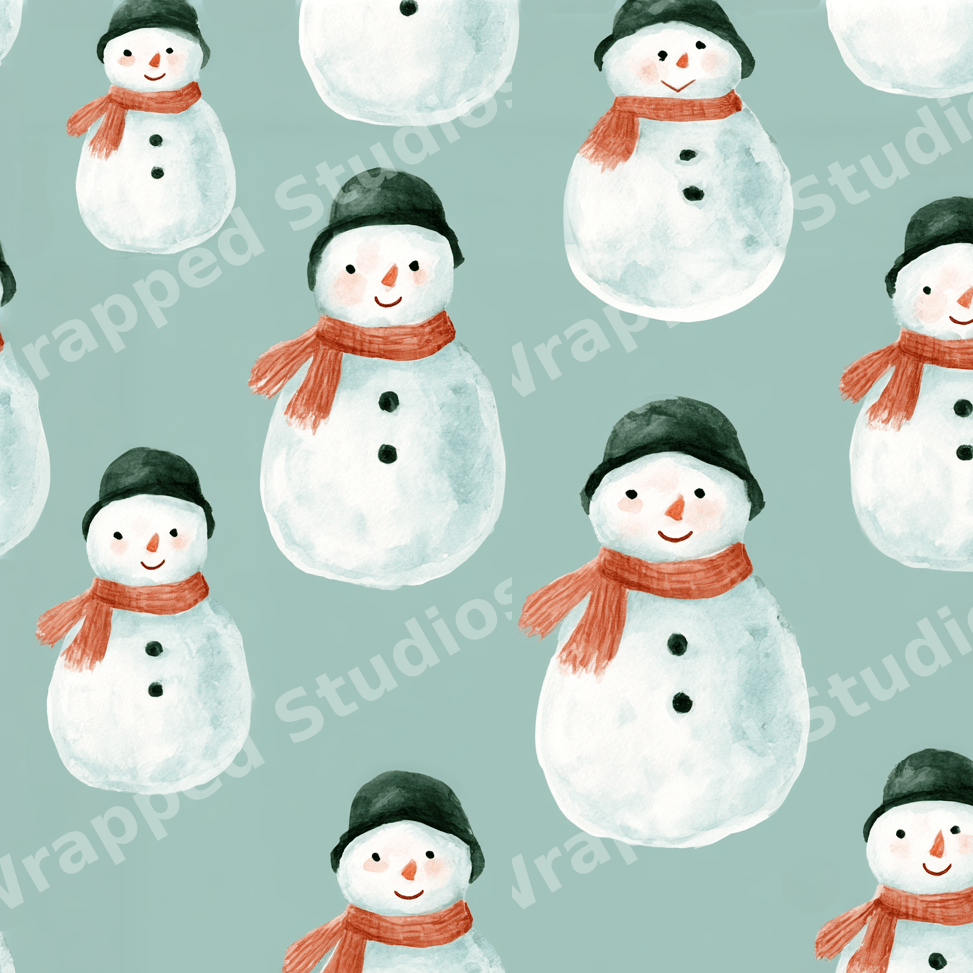 Cute winter watercolor snowman seamless pattern with red scarves on a sage green background.