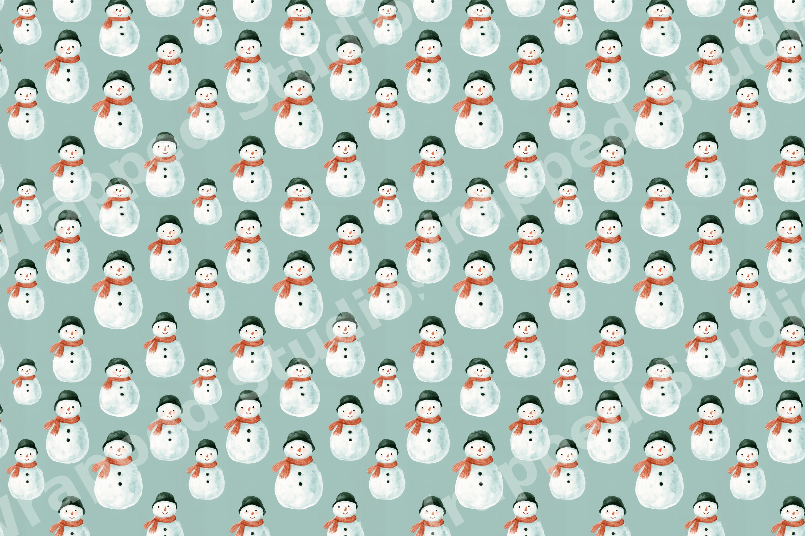 Watercolor snowman pattern with orange scarves and dark green hats on a light sage green background.