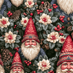 Vintage Scandinavian gnome pattern with white winter flowers, pine cones, and red berries on forest green.