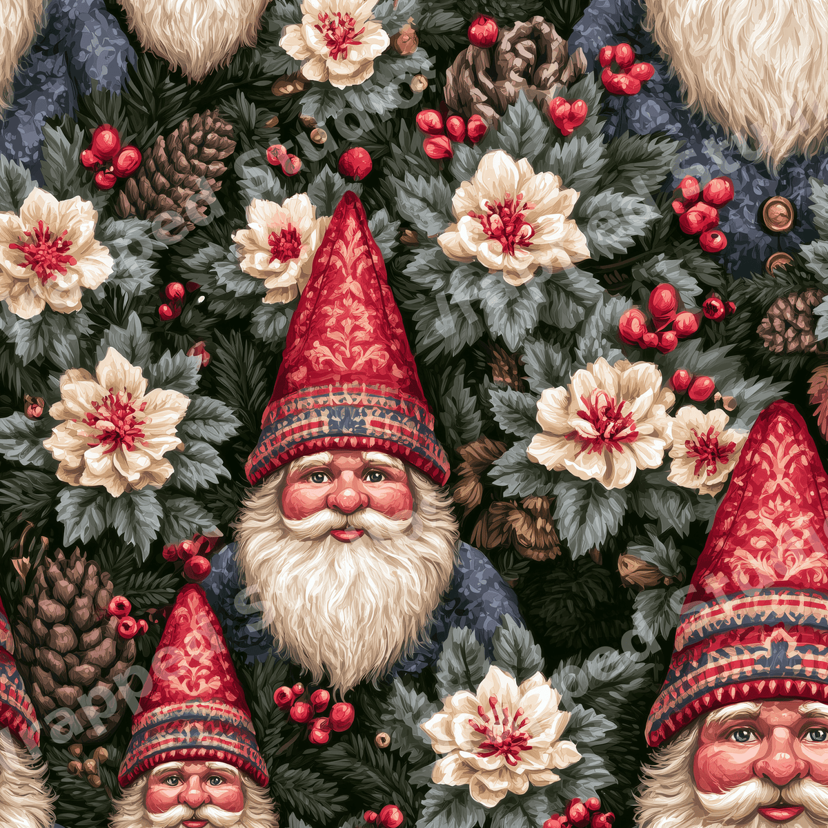 Vintage Scandinavian gnome pattern with white winter flowers, pine cones, and red berries on forest green.