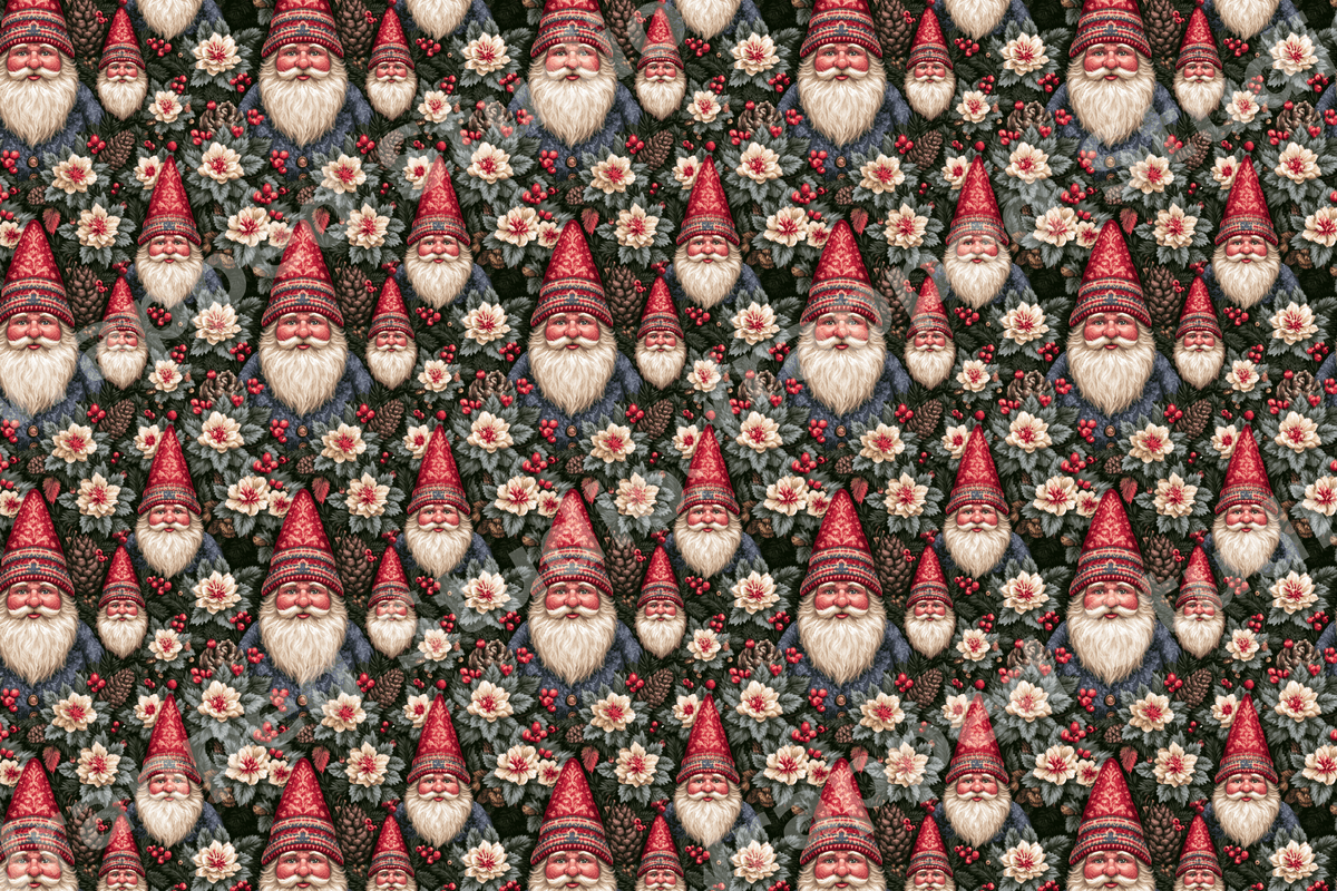 Vintage Christmas gnome pattern with red tomte, cream flowers, and pinecones on dark green foliage.
