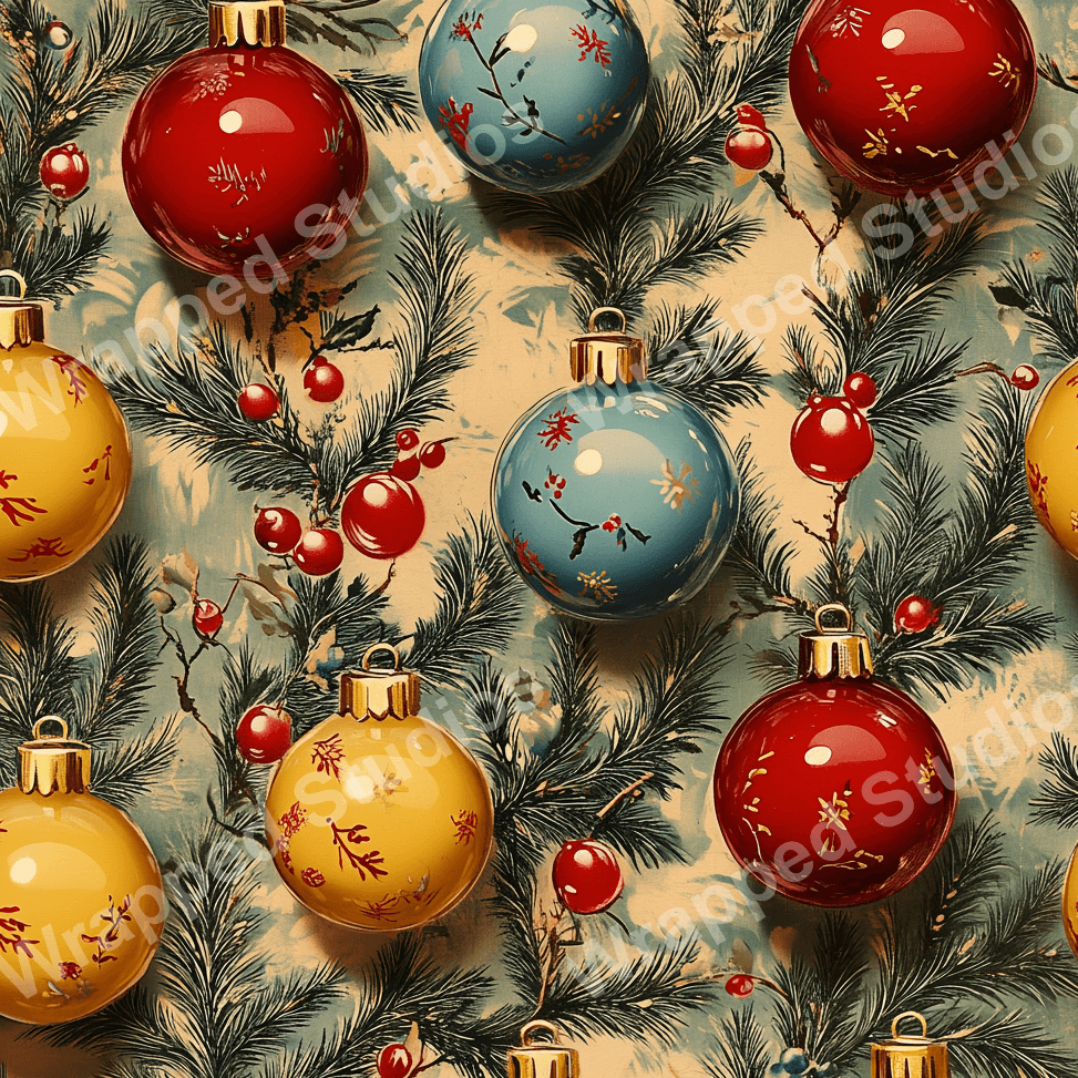 Vintage botanical design with pine branches and berries on a textured blue and beige background.