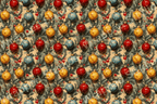Retro Christmas ornament pattern with red, blue and yellow baubles on pine branches.