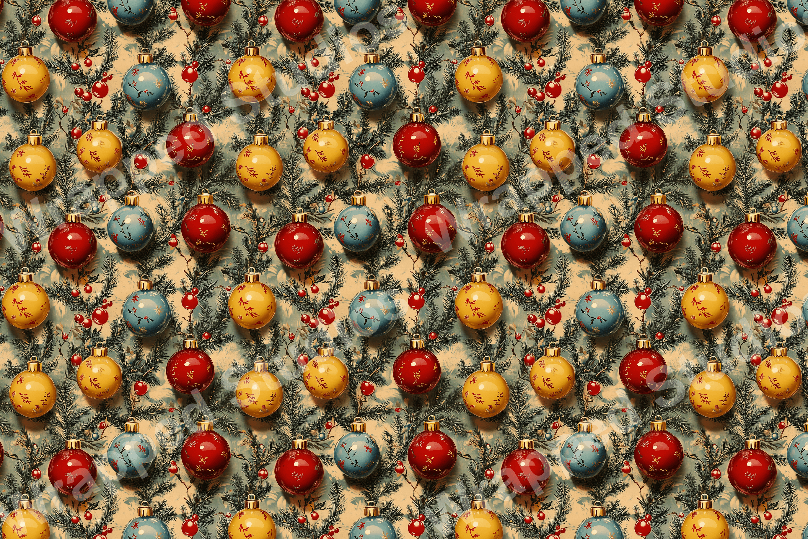 Retro Christmas ornament pattern with red, blue and yellow baubles on pine branches.