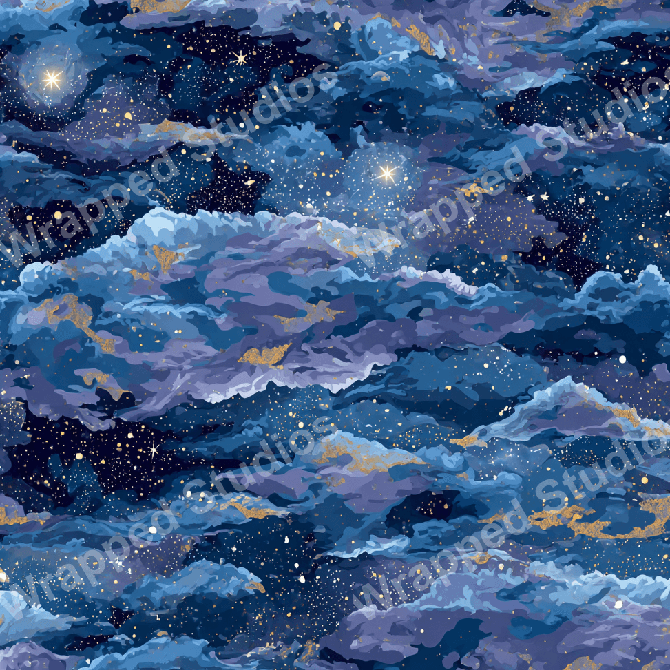 Seamless celestial pattern of indigo clouds, golden glitter stars, and constellations.