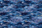 Deep blue celestial pattern with clouds, stars, and a touch of gold shimmer.