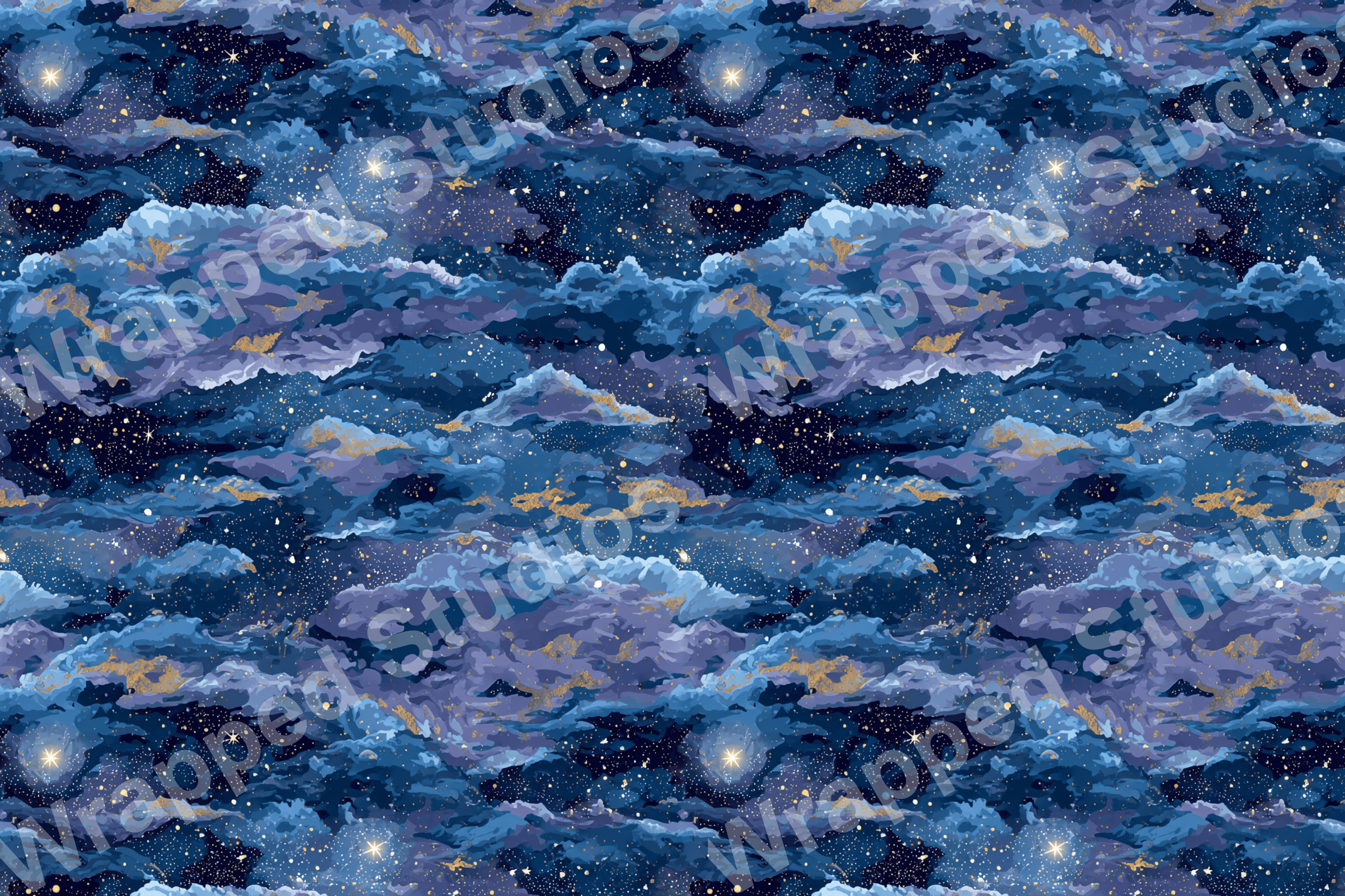 Deep blue celestial pattern with clouds, stars, and a touch of gold shimmer.
