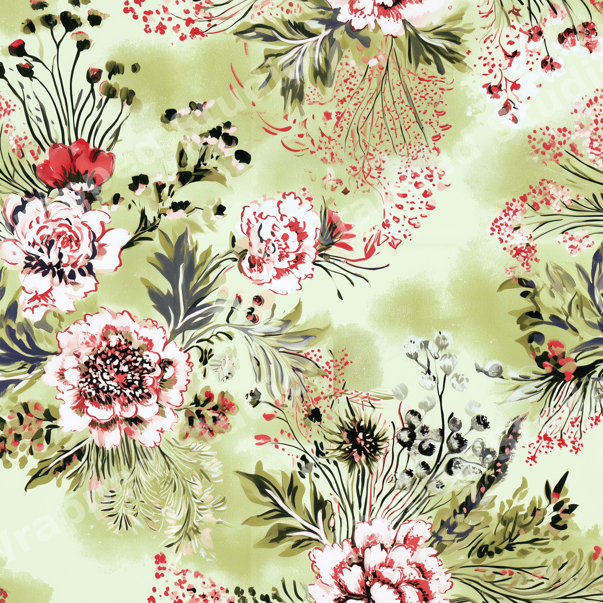 Elegant floral pattern featuring a vintage botanical design of pink peonies on a sage green background.