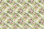 Vintage botanical floral pattern featuring pink peony bouquets on a light sage green background.