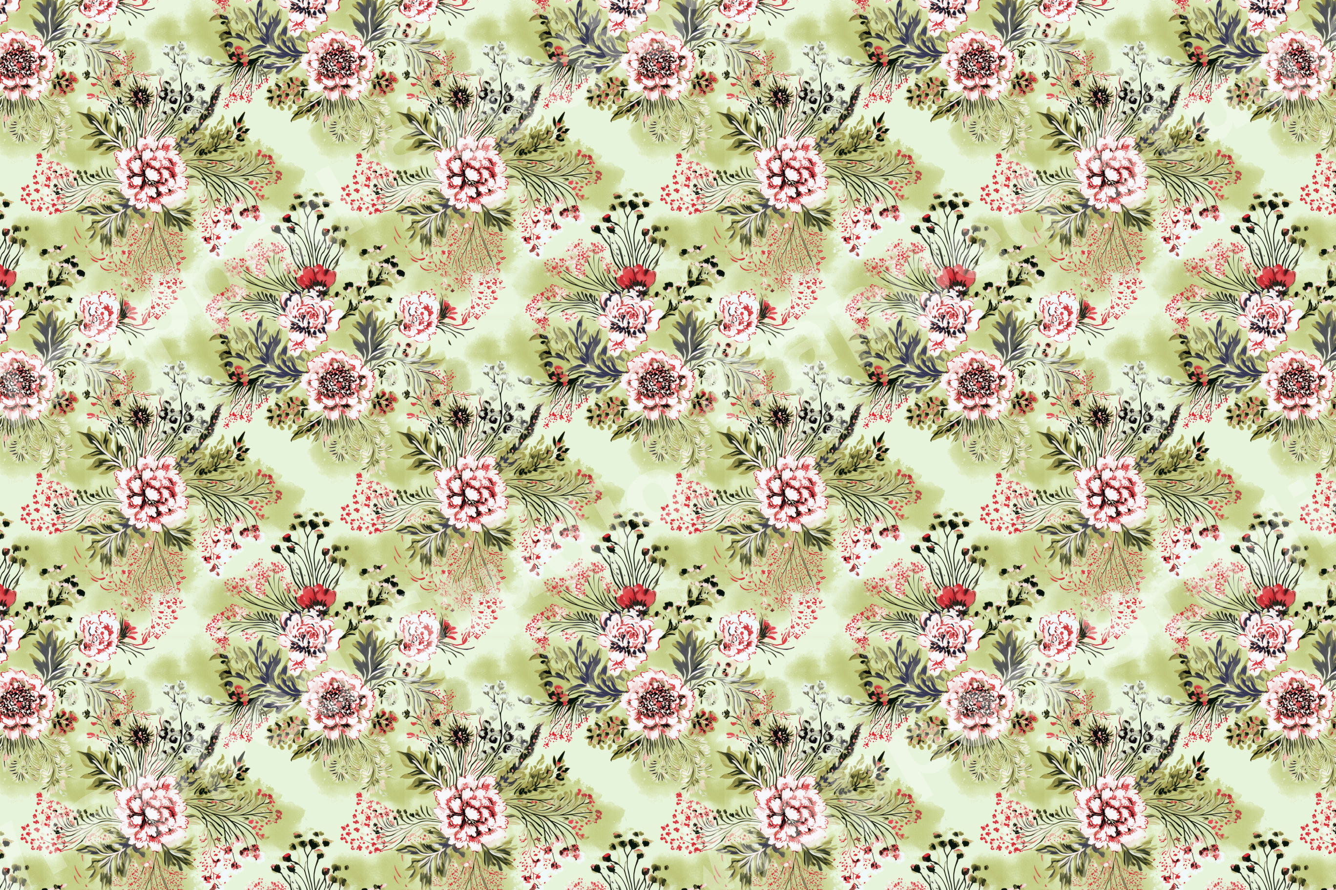 Vintage botanical floral pattern featuring pink peony bouquets on a light sage green background.