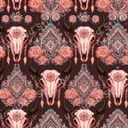 Boho western pattern featuring bull skulls, pink roses, and southwestern geometric motifs on dark brown.