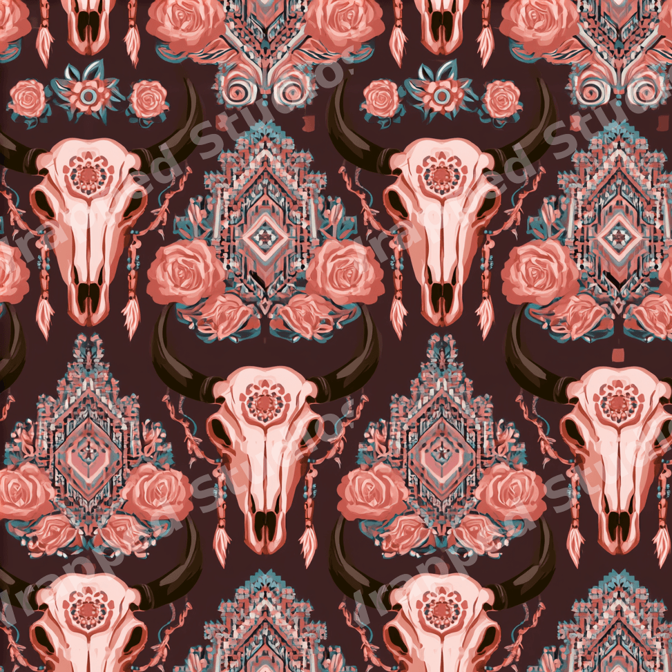 Boho western pattern featuring bull skulls, pink roses, and southwestern geometric motifs on dark brown.