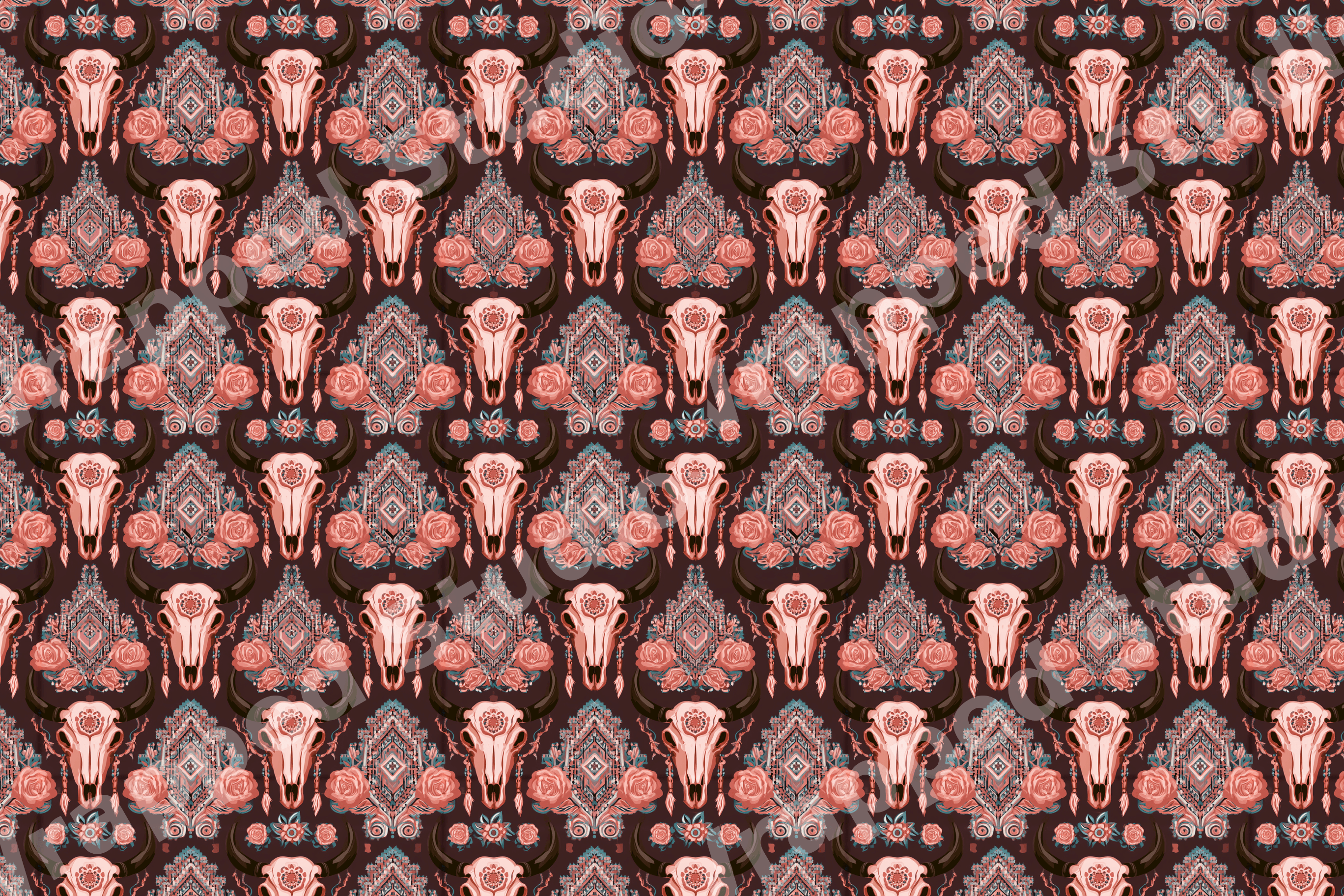 Boho southwestern pattern featuring bull skulls, pink roses, and geometric motifs on dark brown.