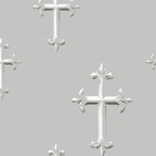 Elegant Christian cross pattern with white watercolor fleur-de-lis crosses on a seamless light gray background.