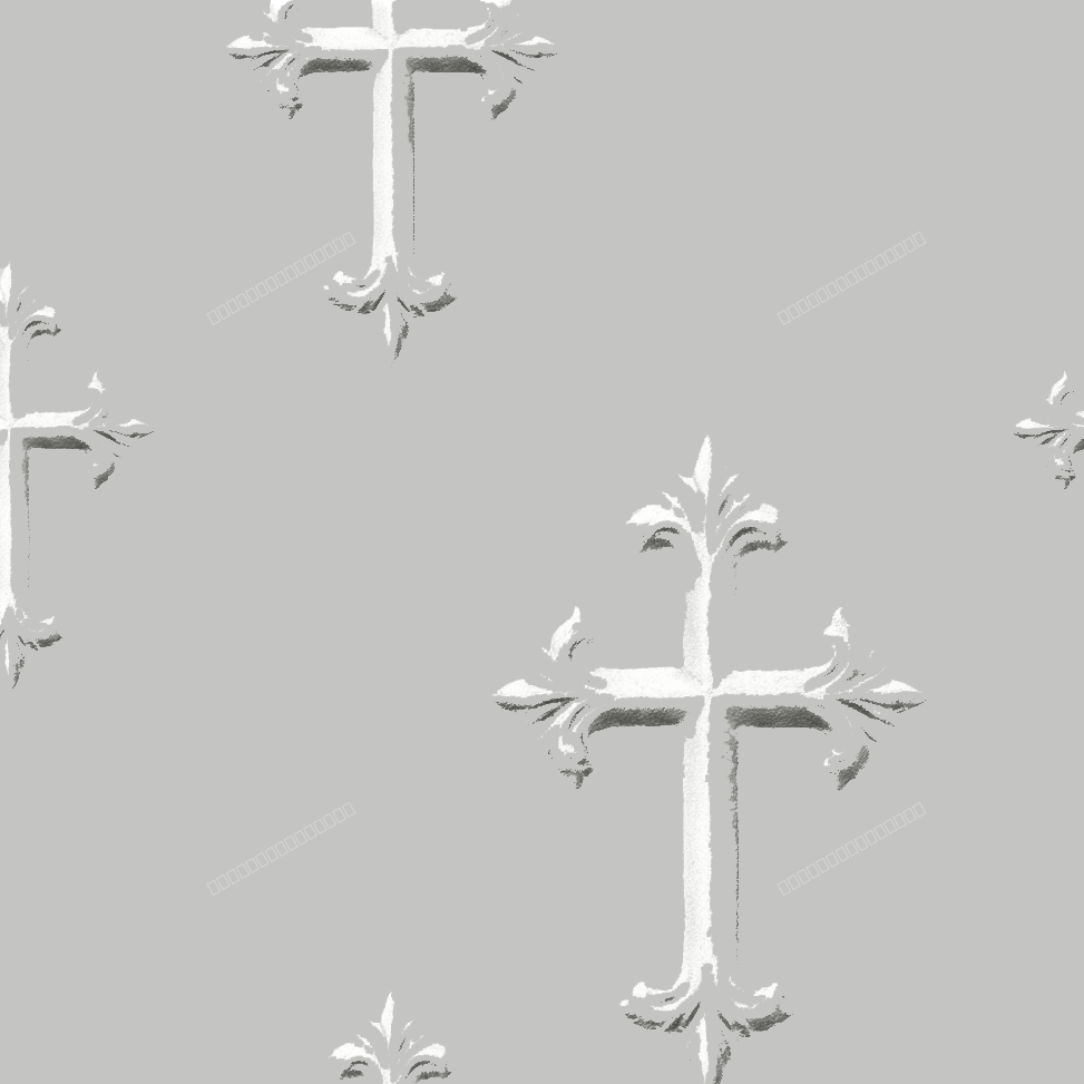 Elegant Christian cross pattern with white watercolor fleur-de-lis crosses on a seamless light gray background.