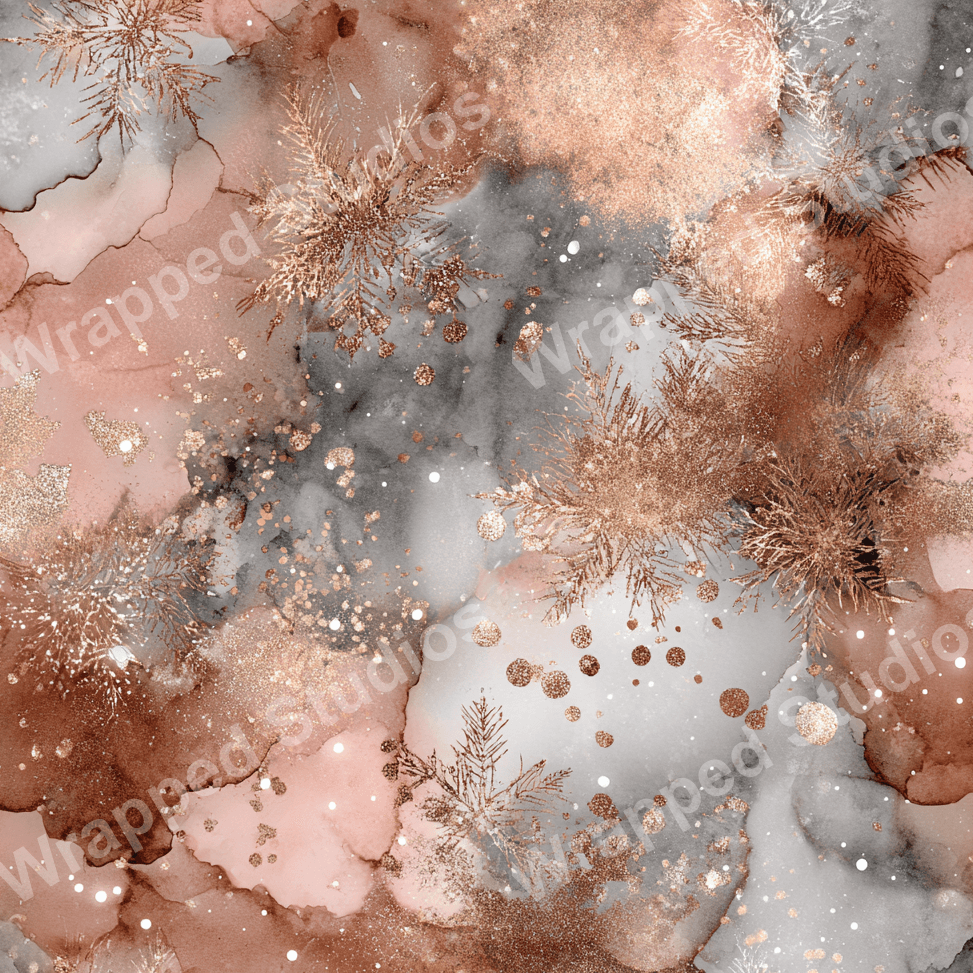 Elegant rose gold and gray abstract pattern with glittery snowflake motifs and a festive, luxurious feel.