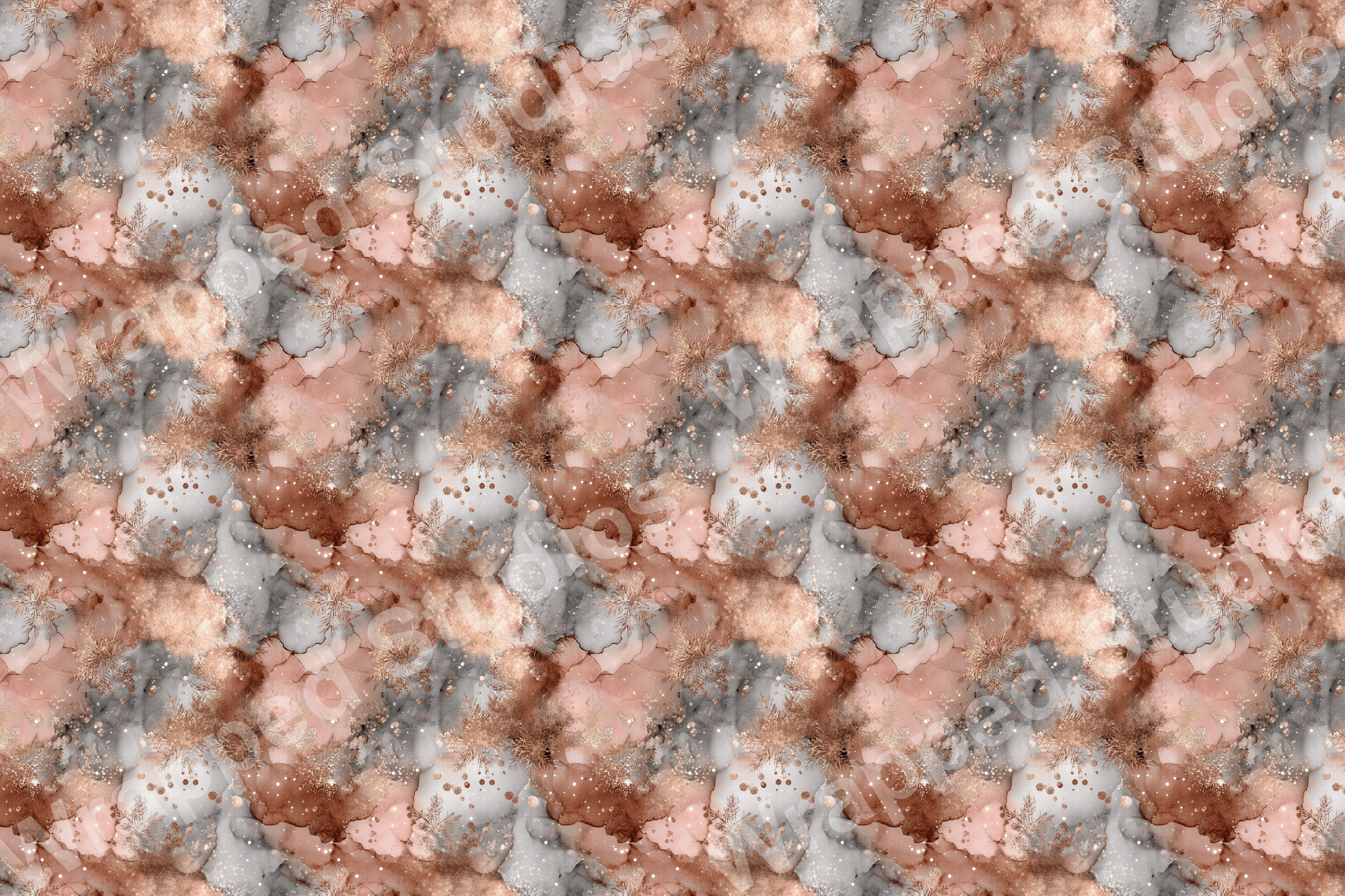Abstract alcohol ink seamless pattern in blush pink, copper, and gray with glitter accents.