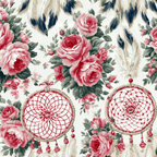 Boho floral pattern featuring pink roses, feathers, and dreamcatchers in a vintage bohemian style.