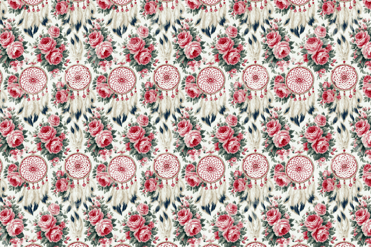 Boho floral pattern featuring pink roses, dreamcatchers, and soft feathers in a vintage botanical style.