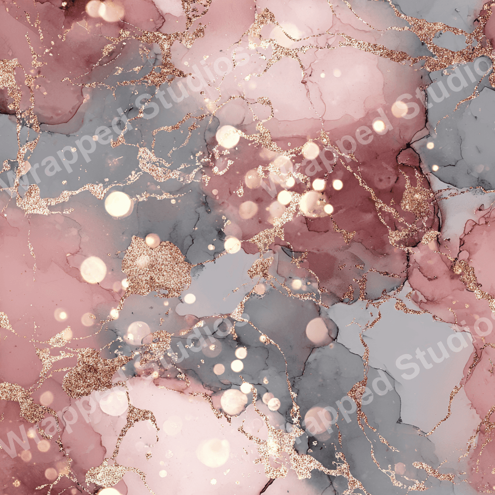 Abstract fluid art pattern with rose gold glitter veins, blush pink, and grey ink splashes, creating a glamorous, modern aesthetic.