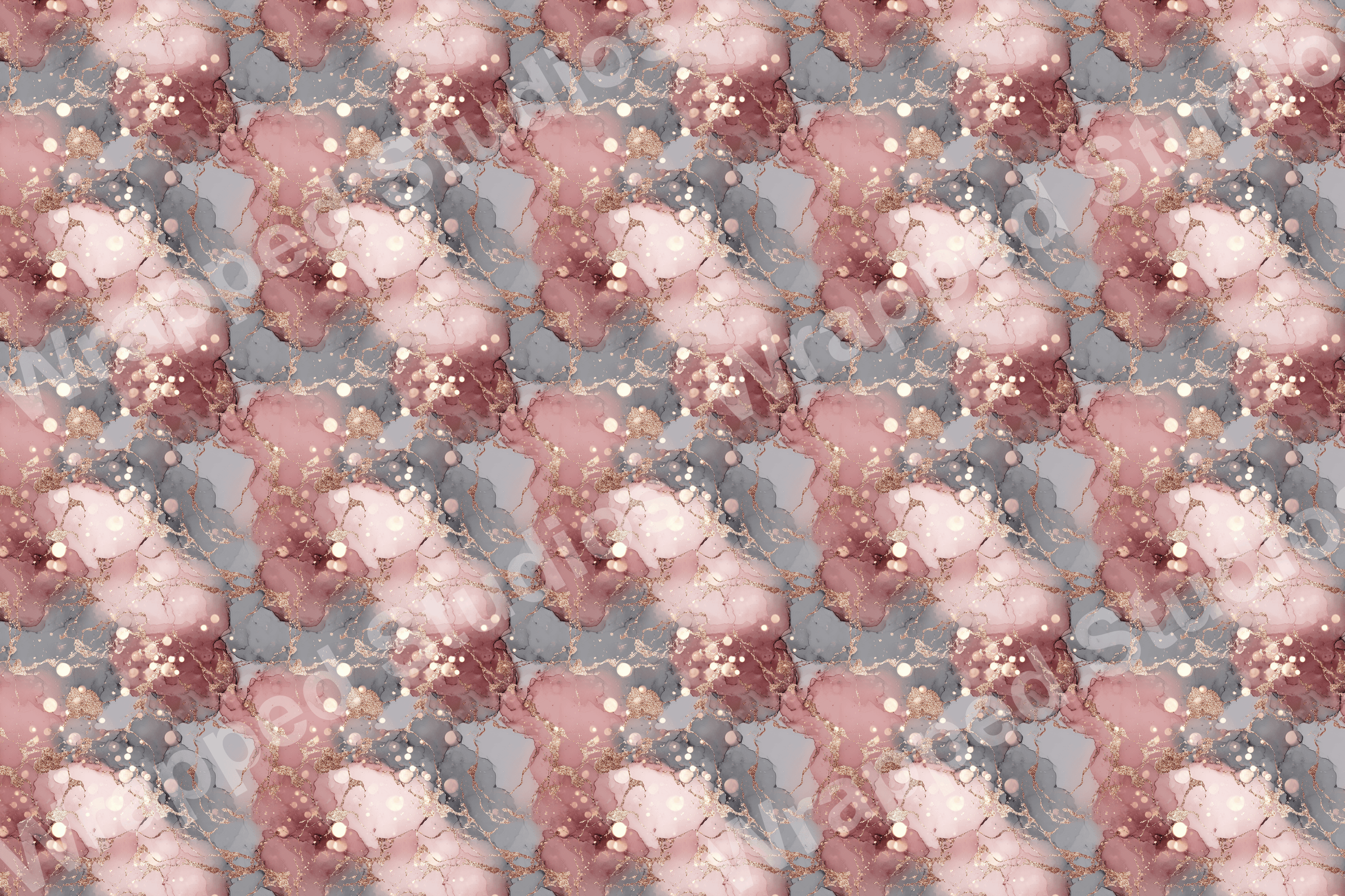 Modern abstract fluid art pattern in dusty rose, blush pink, and grey with gold glitter accents.